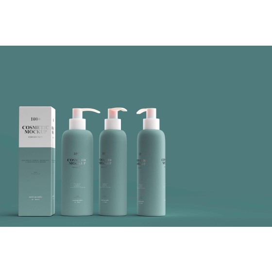 Conjunto completo de bomba de imprensa Garrafa e embalagem Mockup PSD para série de higiene pessoal